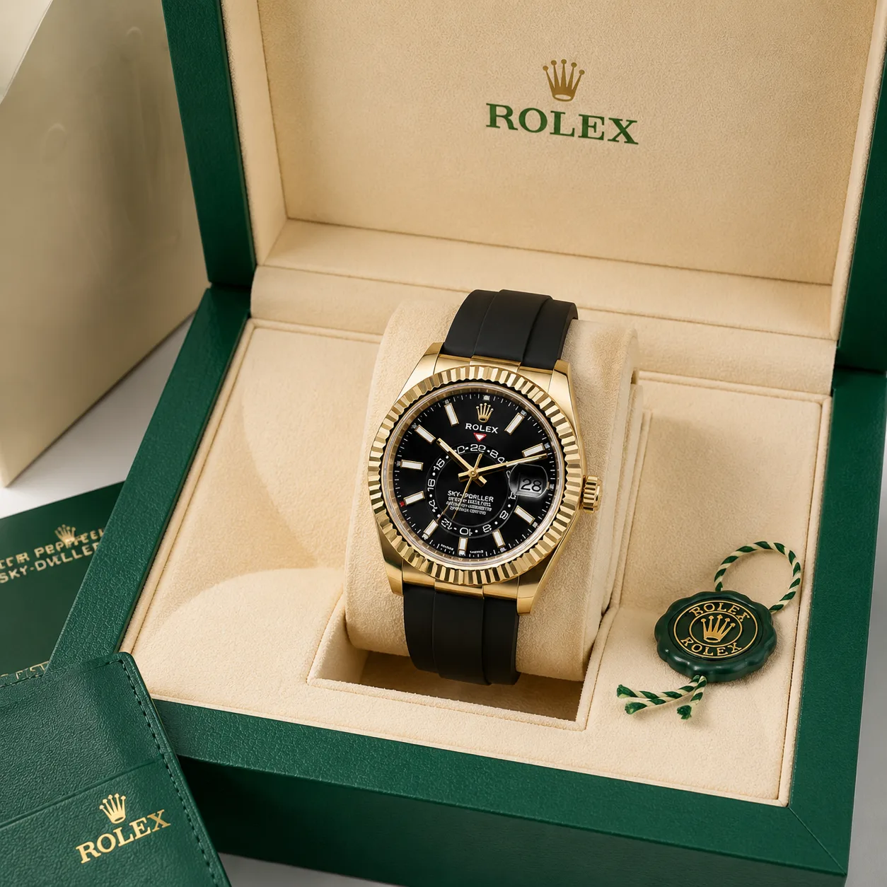 Rolex Sky-Dweller m326238-0009 42mm Black Dial Fluted Bezel 18K Yellow Gold AI 头图 5 - 包装盒 [ai-shot:box-shot]