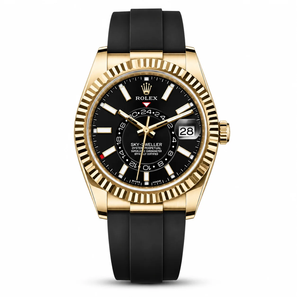 Rolex Sky-Dweller m326238-0009 42mm Black Dial Fluted Bezel 18K Yellow Gold AI 头图 1 - 白底全貌 [ai-shot:full-white]