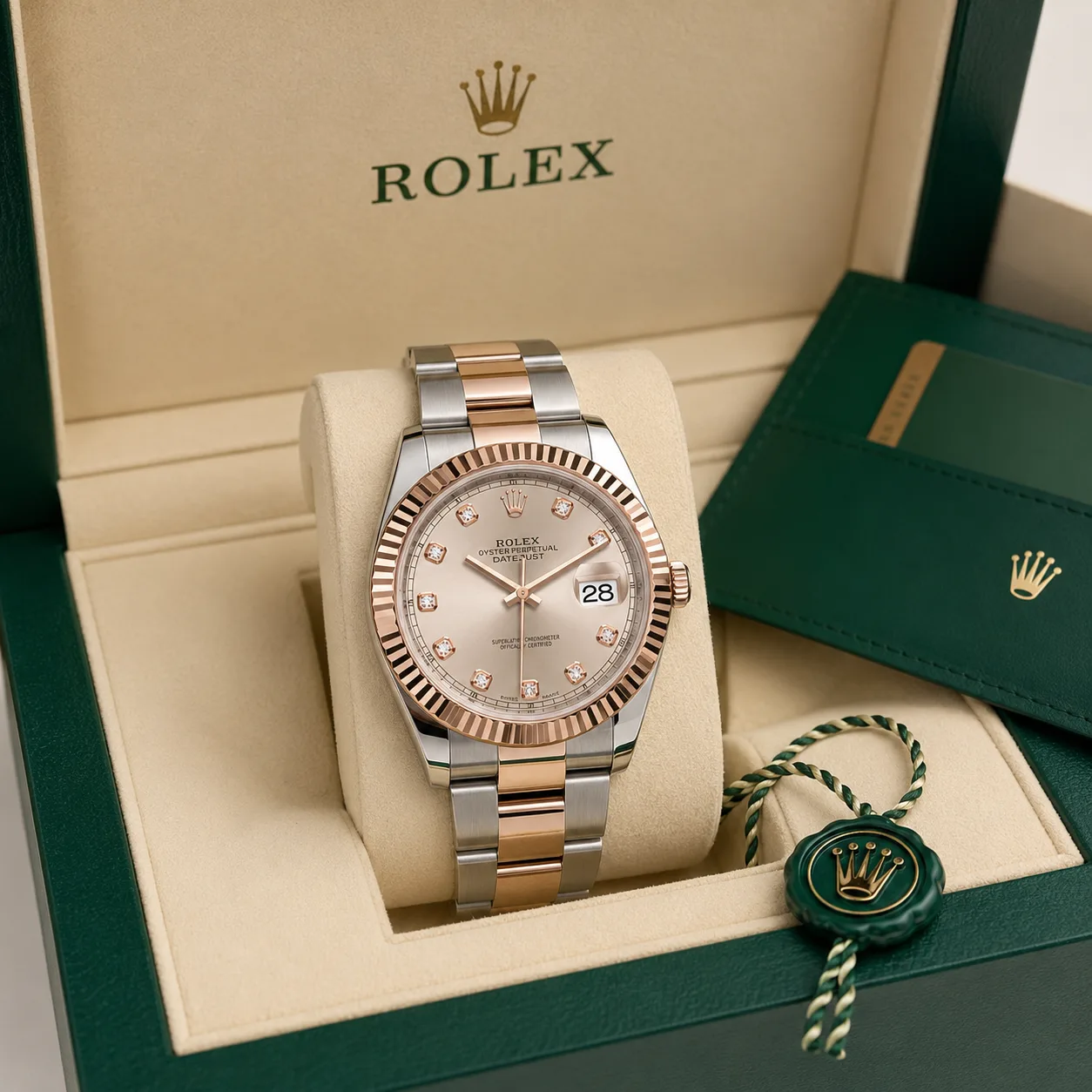 Rolex Datejust m126331-0007 41mm Calibre 3235 Gold / Fluted Bezel 904L Stainless Steel and 18K Everose Gold AI 头图 5 - 包装盒 [ai-shot:box-shot]