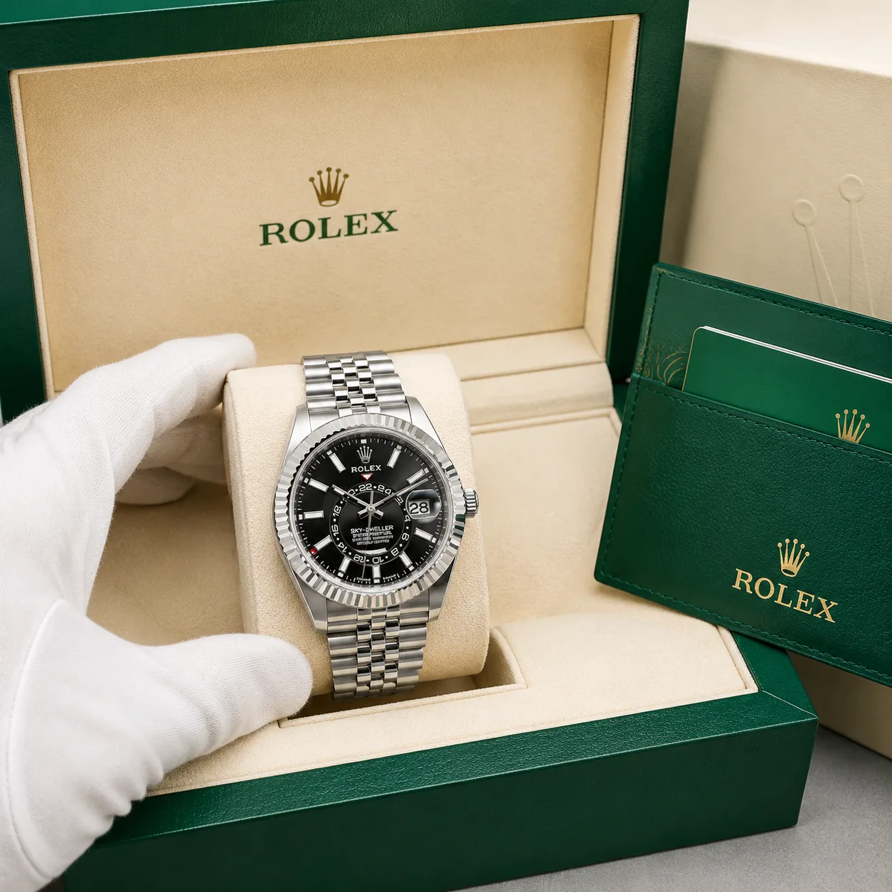 Rolex Sky-Dweller m336934-0008 42mm Black Dial Fluted Bezel 904L Stainless Steel and 18K White Gold AI 头图 5 - 包装盒 [ai-shot:box-shot]
