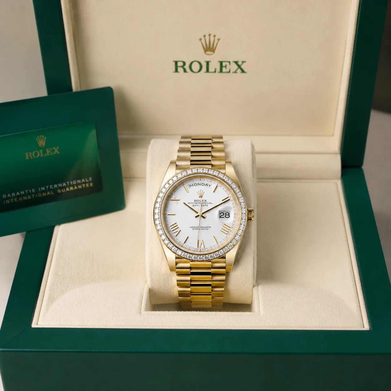 Rolex Day-Date m228398tbr-0042 40mm Calibre 3255 White / Diamond-Set Bezel 18K Yellow Gold AI 头图 5 - 包装盒 [ai-shot:box-shot]