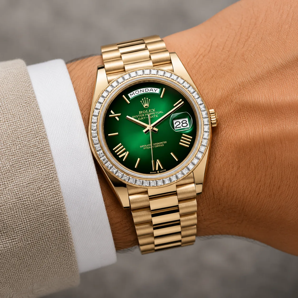 Rolex Day-Date m228398tbr-0042 40mm Calibre 3255 White / Diamond-Set Bezel 18K Yellow Gold AI 头图 4 - 佩戴图 [ai-shot:wrist-shot]