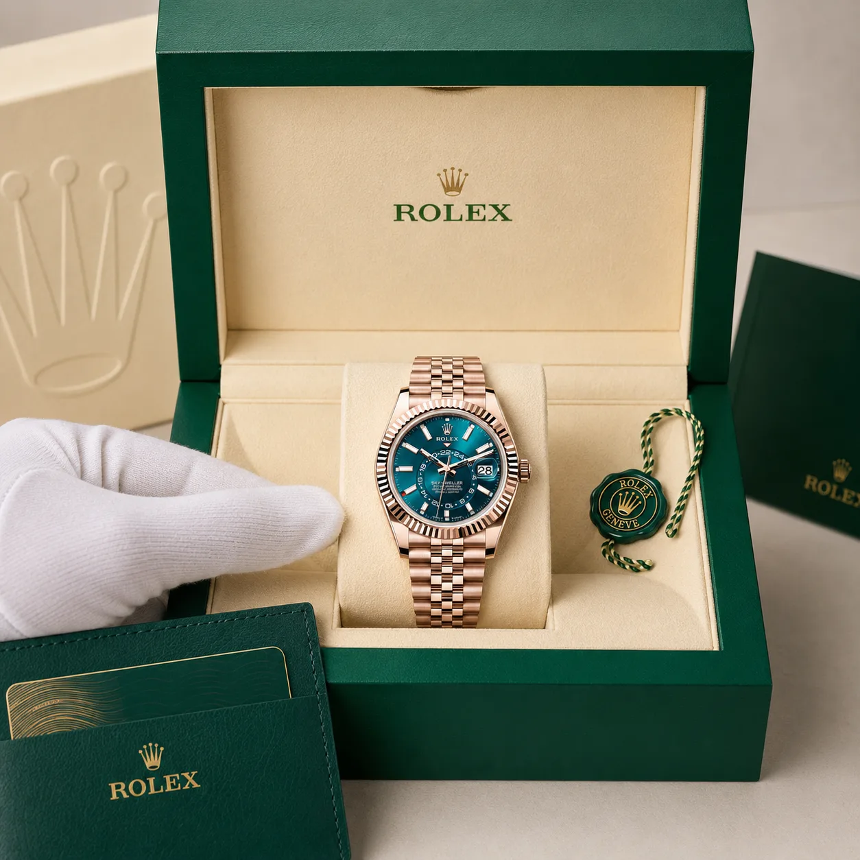Rolex Sky-Dweller m336935-0005 42mm Blue Dial Fluted Bezel 18K Everose Gold AI 头图 5 - 包装盒 [ai-shot:box-shot]