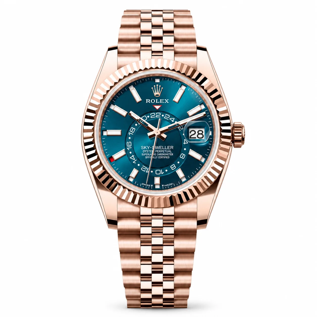 Rolex Sky-Dweller m336935-0005 42mm Blue Dial Fluted Bezel 18K Everose Gold AI 头图 1 - 白底全貌 [ai-shot:full-white]