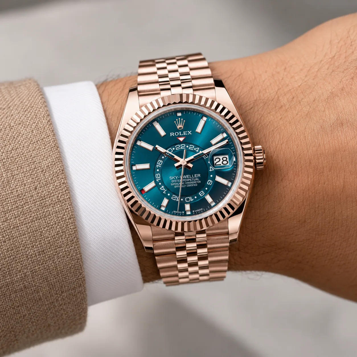 Rolex Sky-Dweller m336935-0005 42mm Blue Dial Fluted Bezel 18K Everose Gold AI 头图 4 - 佩戴图 [ai-shot:wrist-shot]