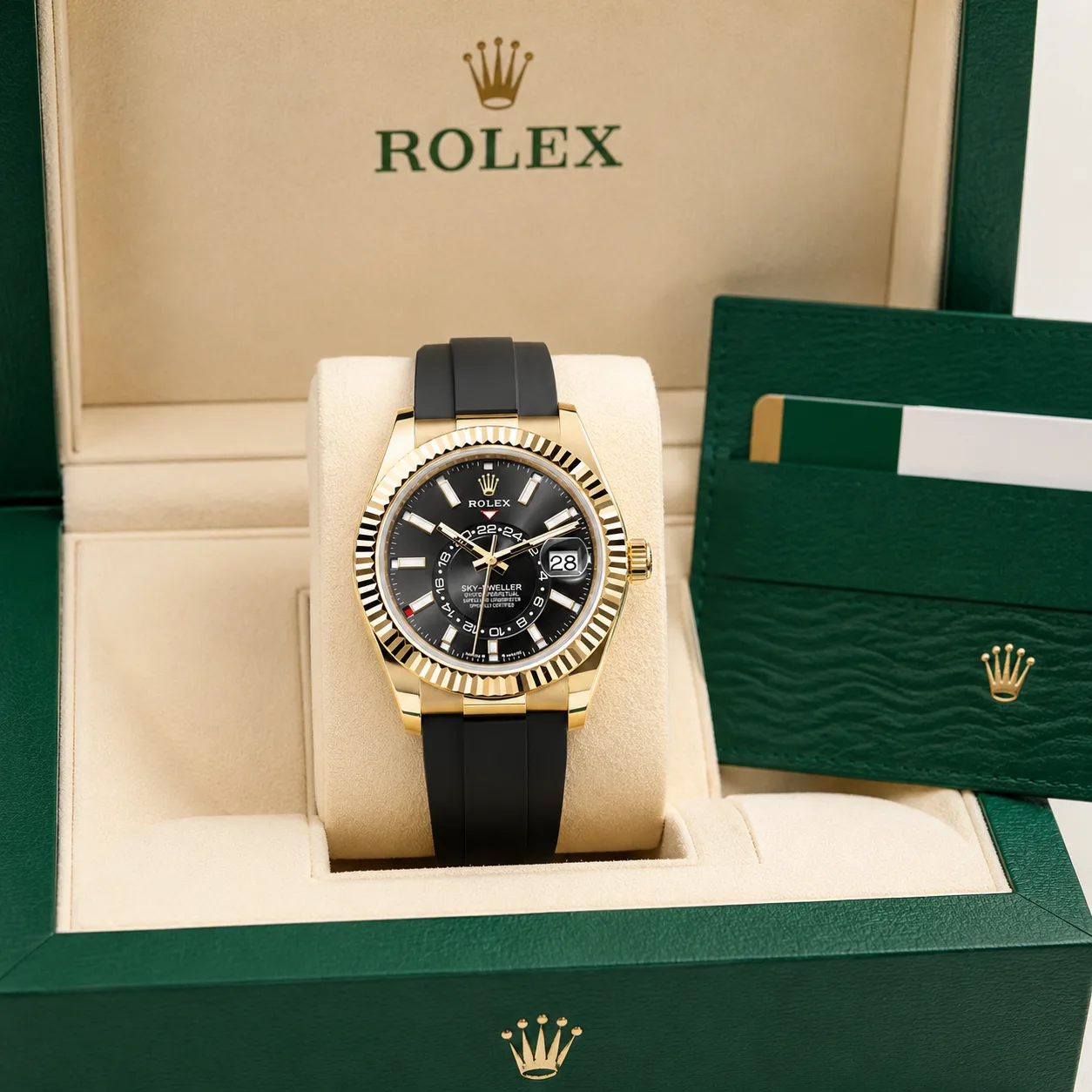 Rolex Sky-Dweller m336238-0002 42mm Calibre 9002 White / Fluted Bezel 18K Yellow Gold AI 头图 5 - 包装盒 [ai-shot:box-shot]