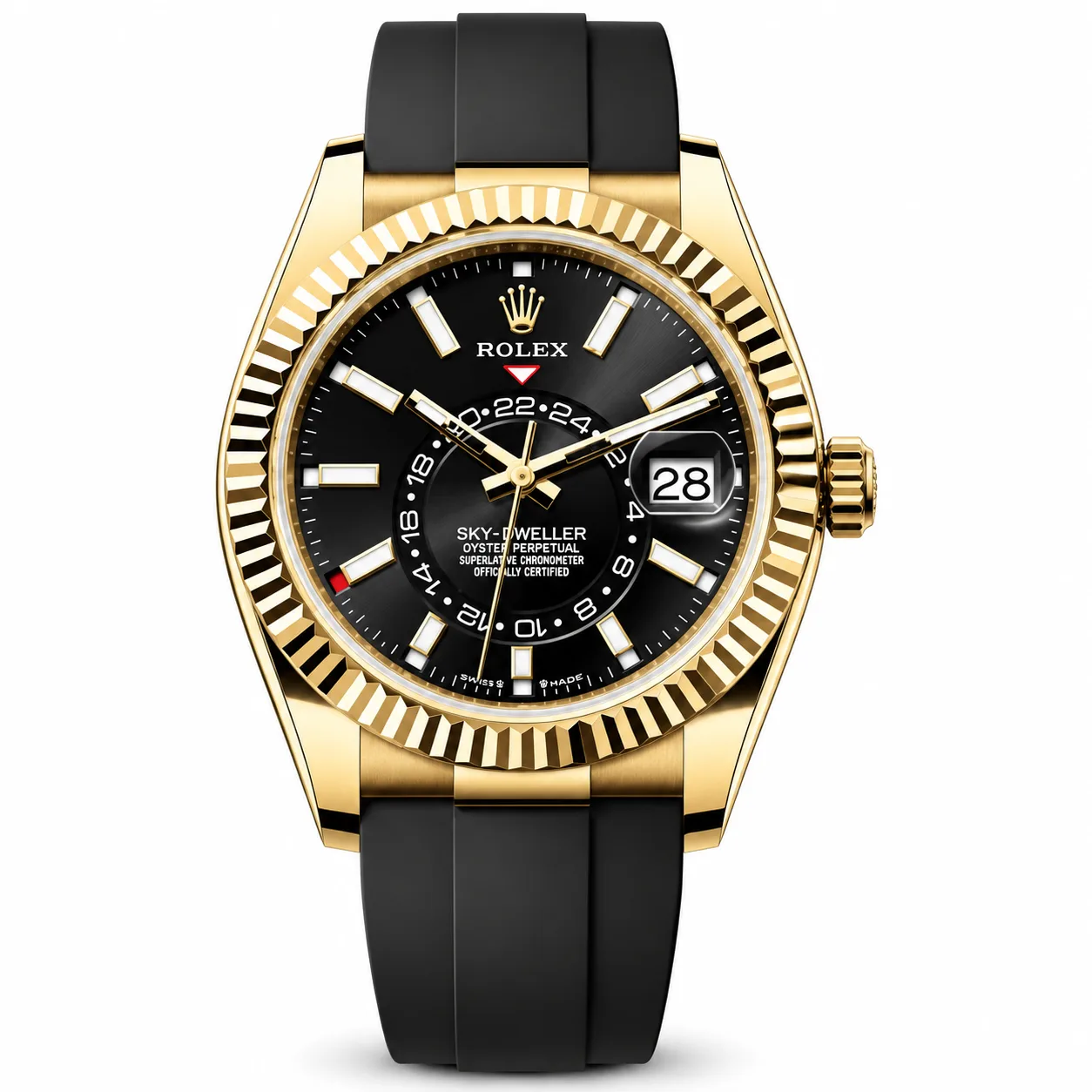 Rolex Sky-Dweller m336238-0002 42mm Calibre 9002 White / Fluted Bezel 18K Yellow Gold AI 头图 1 - 白底全貌 [ai-shot:full-white]
