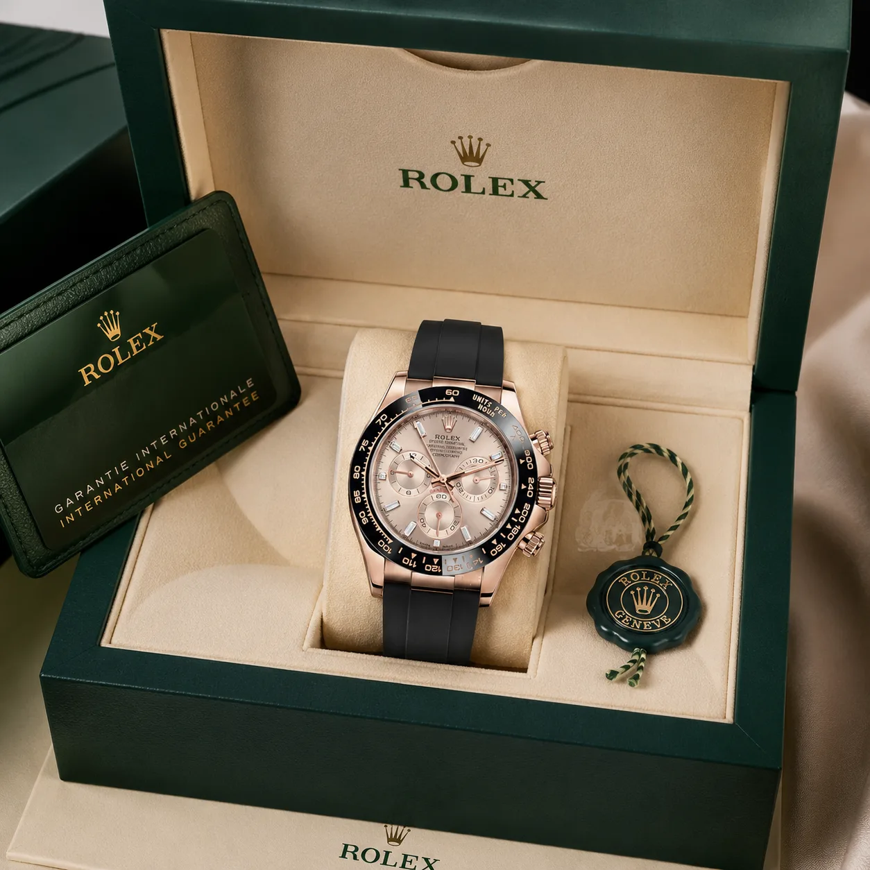 Rolex Cosmograph Daytona m116515ln-0061 40mm Calibre 4130 Black / Black Cerachrom Bezel 18K Everose Gold AI 头图 5 - 包装盒 [ai-shot:box-shot]