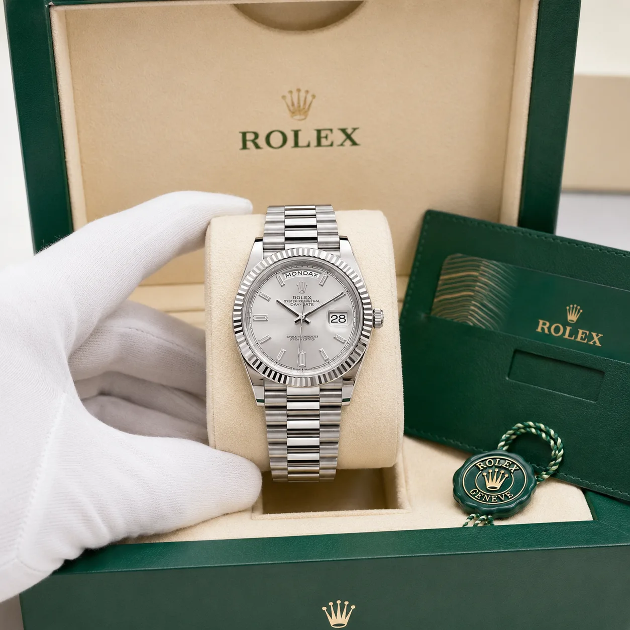 Rolex Day-Date m228239-0003 40mm Silver Dial Fluted Bezel 18K White Gold AI 头图 5 - 包装盒 [ai-shot:box-shot]