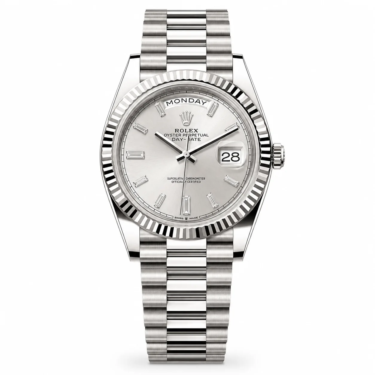 Rolex Day-Date m228239-0003 40mm Silver Dial Fluted Bezel 18K White Gold AI 头图 1 - 白底全貌 [ai-shot:full-white]
