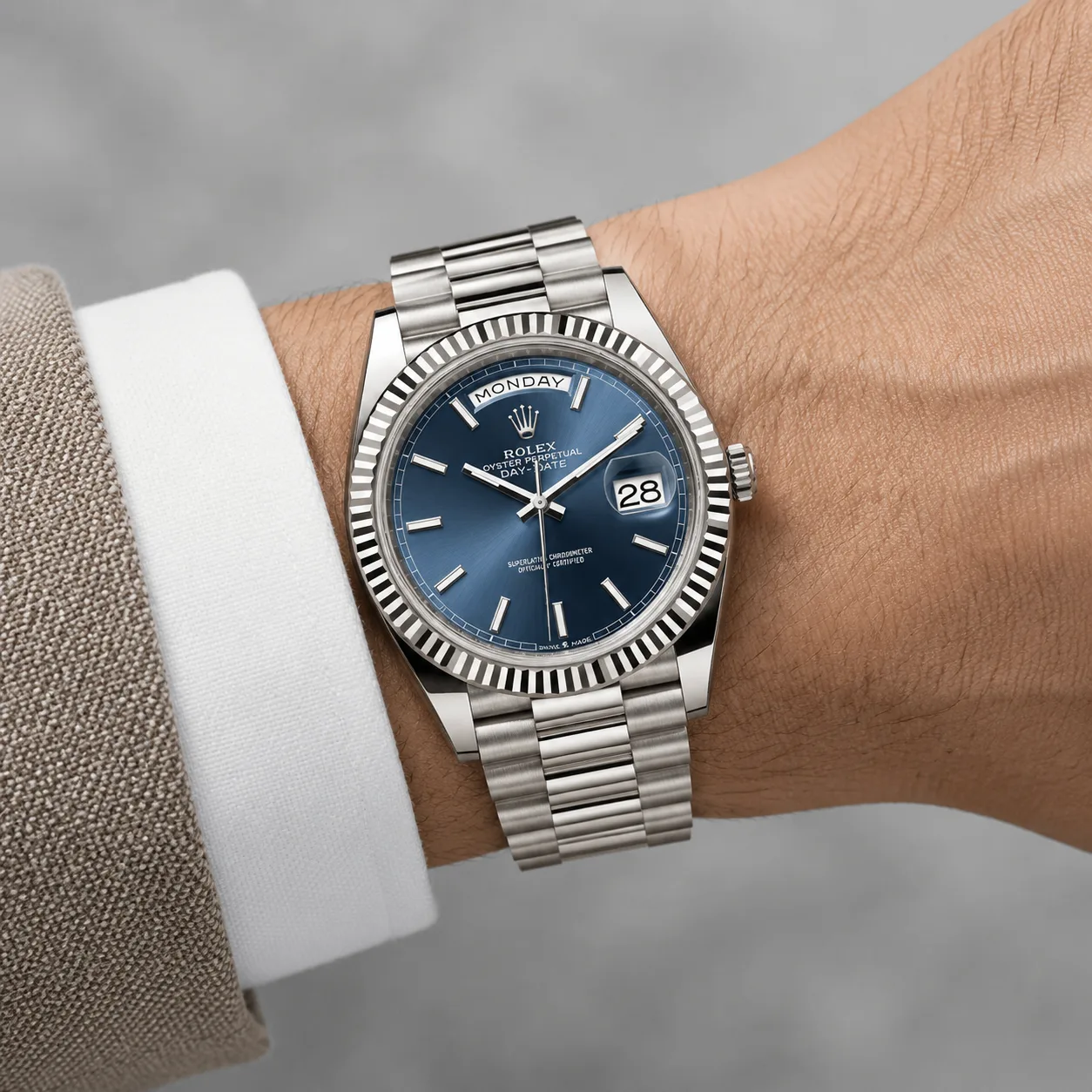 Rolex Day-Date m228239-0060 40mm Blue Dial Fluted Bezel 18K White Gold AI 头图 4 - 佩戴图 [ai-shot:wrist-shot]