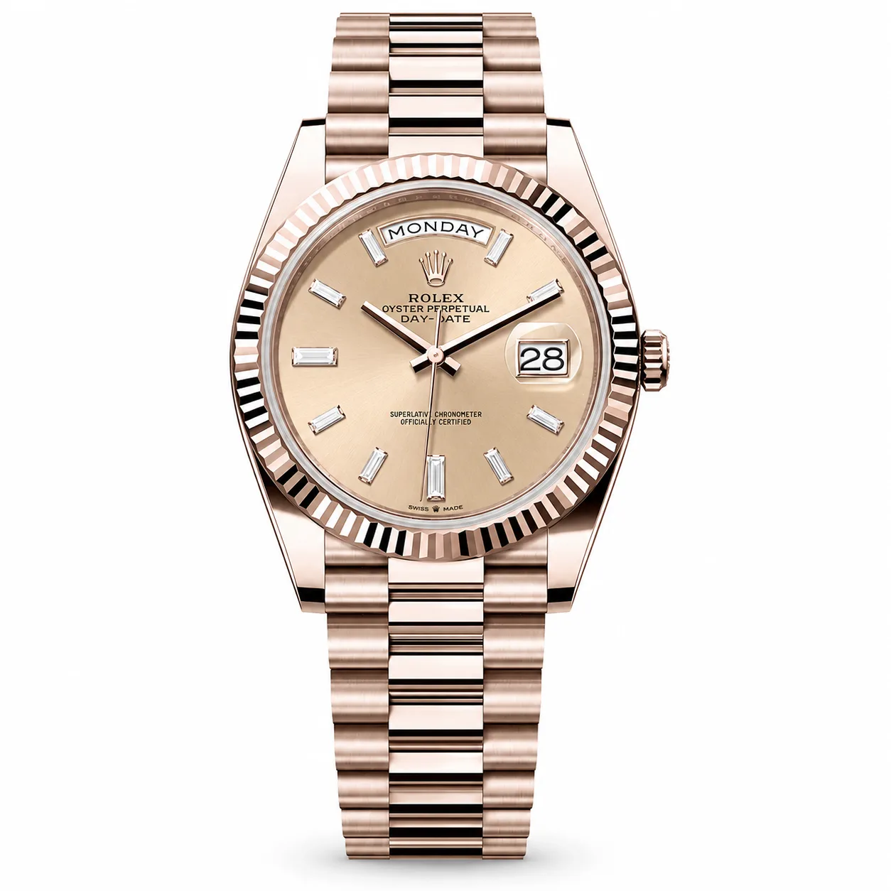 Rolex Day-Date m228235jg-0001 40mm Calibre 3255 Champagne / Diamond-Set Bezel 18K Everose Gold AI 头图 1 - 白底全貌 [ai-shot:full-white]