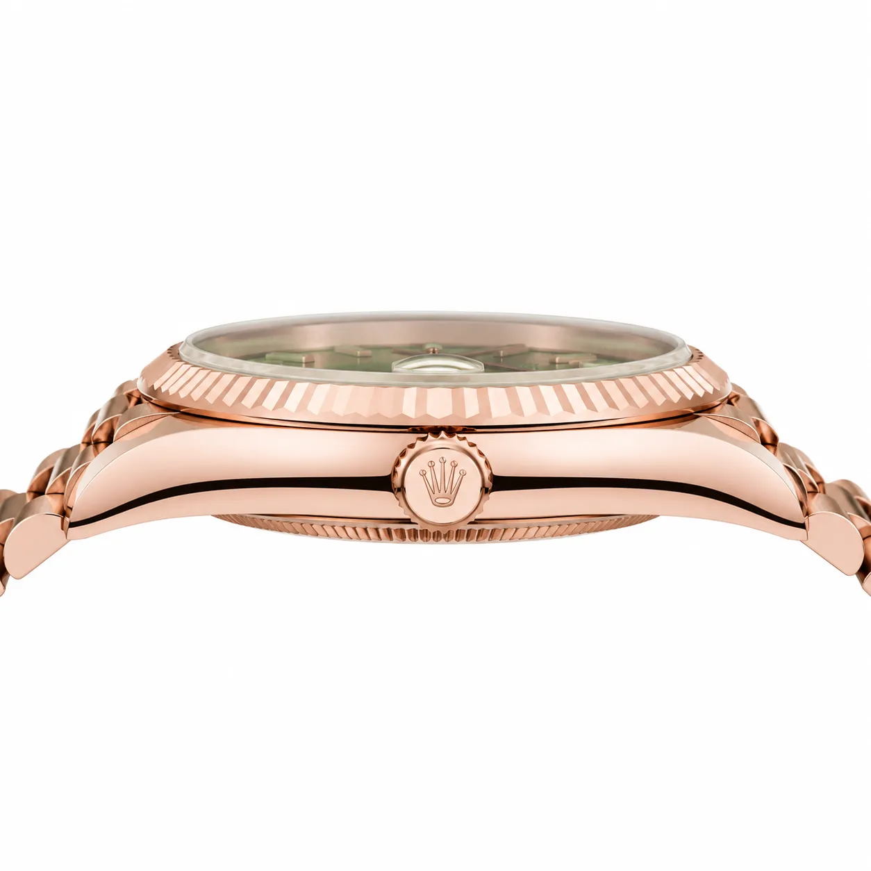 Rolex Day-Date m228235-0056 40mm Calibre 3255 Olive Green / Fluted Bezel 18K Everose Gold AI 头图 2 - 侧面细节 [ai-shot:side-detail]