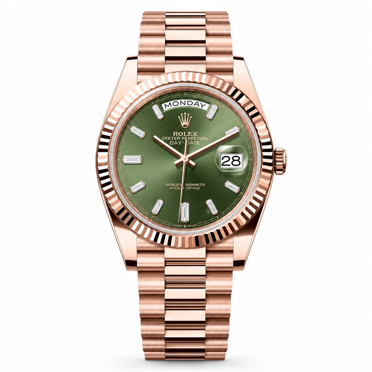 Rolex Day-Date m228235-0056 40mm Calibre 3255 Olive Green / Fluted Bezel 18K Everose Gold AI 头图 1 - 白底全貌 [ai-shot:full-white]