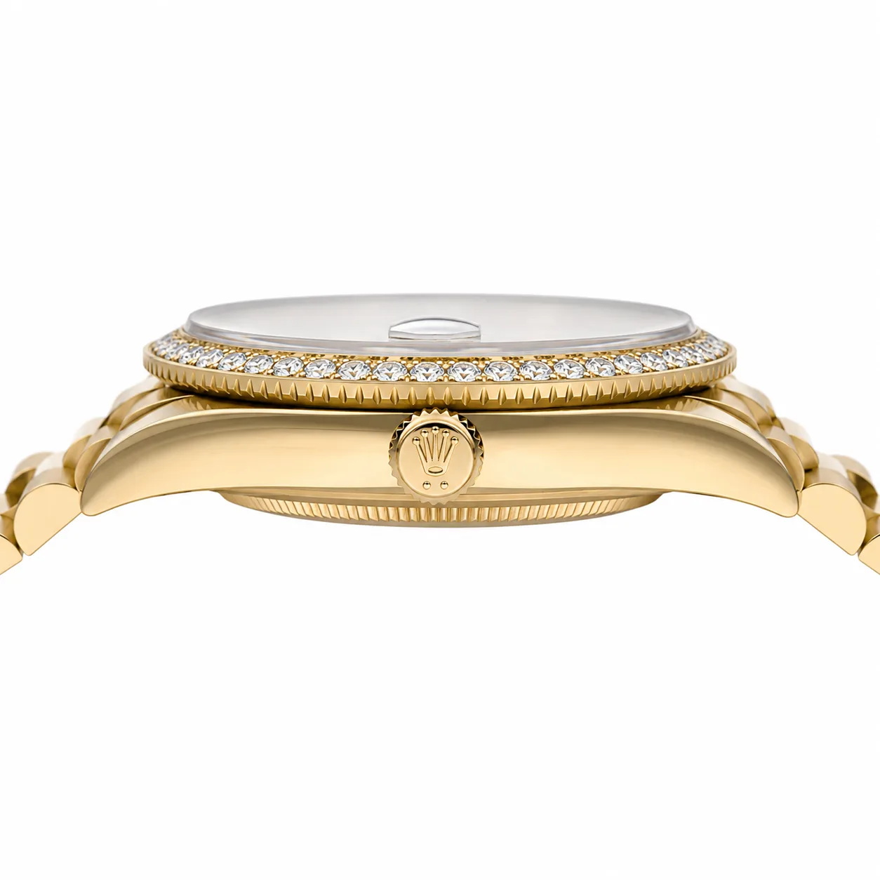 Rolex Day-Date m228348rbr-0043 40mm Calibre 3255 White / Diamond-Set Bezel 18K Yellow Gold AI 头图 2 - 侧面细节 [ai-shot:side-detail]