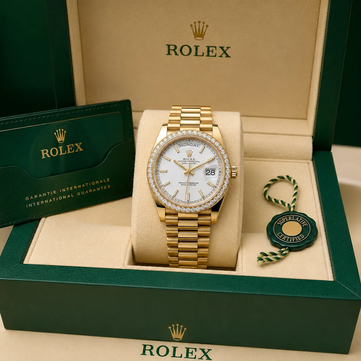 Rolex Day-Date m228348rbr-0043 40mm Calibre 3255 White / Diamond-Set Bezel 18K Yellow Gold AI 头图 5 - 包装盒 [ai-shot:box-shot]
