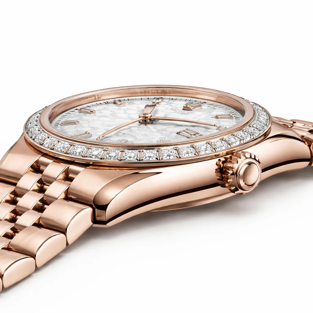 Rolex Pearlmaster m127385TBR-0003 34mm White Dial Diamond-Set Bezel 18K Everose Gold AI 头图 2 - 侧面细节 [ai-shot:side-detail]