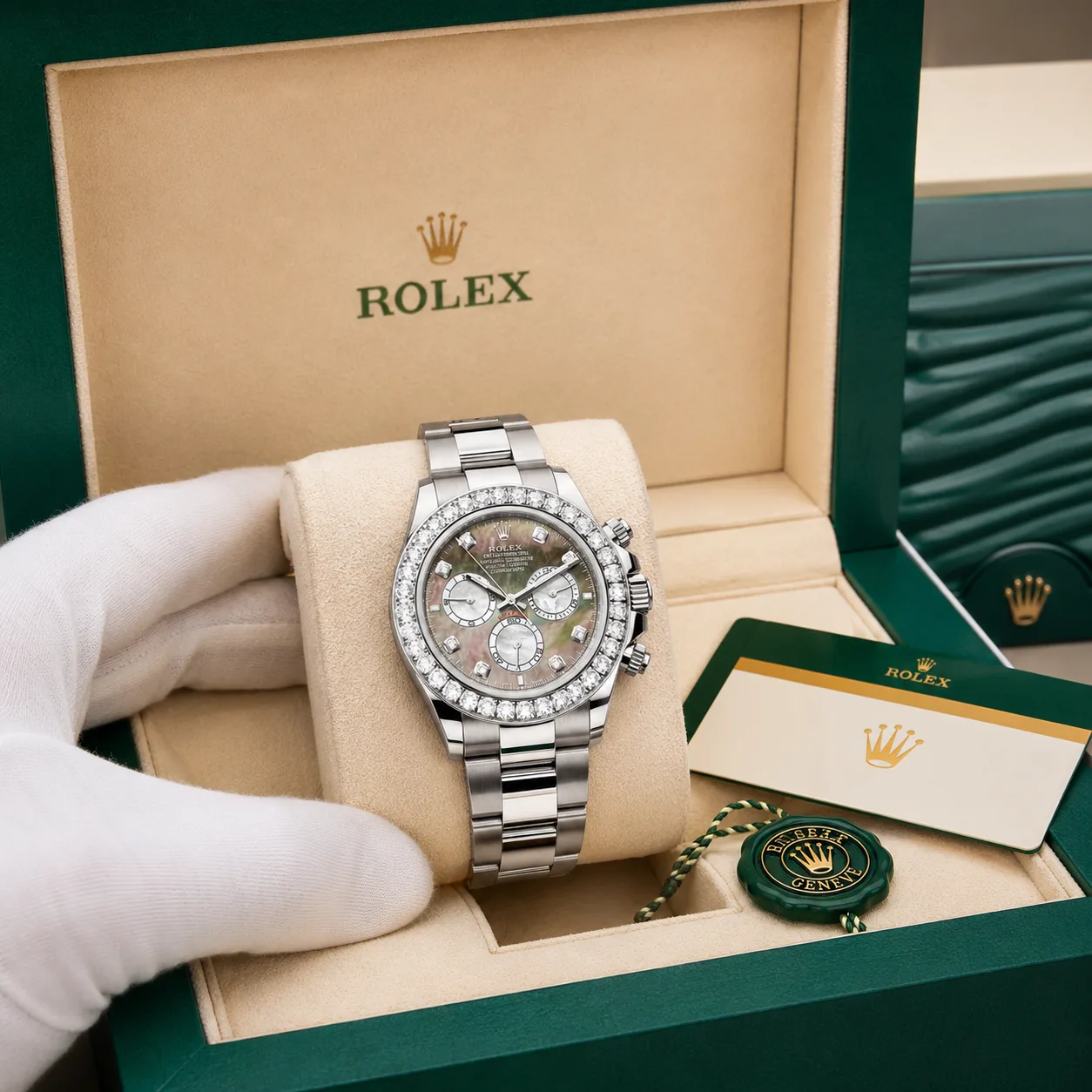 Rolex Cosmograph Daytona m126579rbr-0001 40mm White Dial Diamond-Set Bezel 18K White Gold AI 头图 5 - 包装盒 [ai-shot:box-shot]
