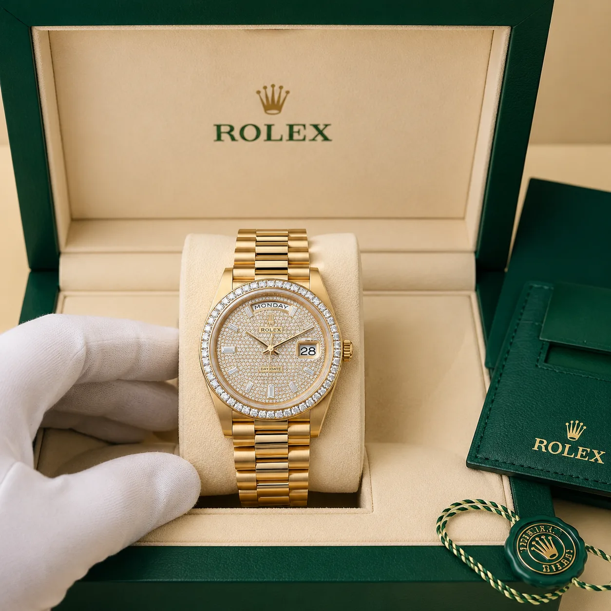Rolex Day-Date m228398tbr-0036 40mm White Dial Diamond-Set Bezel 18K Yellow Gold AI 头图 5 - 包装盒 [ai-shot:box-shot]