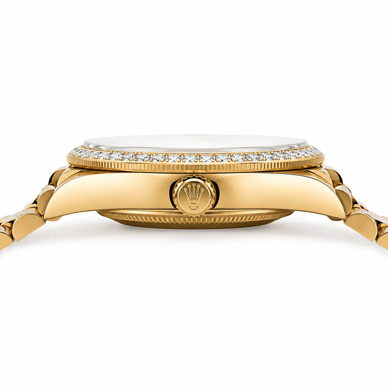 Rolex Day-Date m228398tbr-0036 40mm White Dial Diamond-Set Bezel 18K Yellow Gold AI 头图 2 - 侧面细节 [ai-shot:side-detail]
