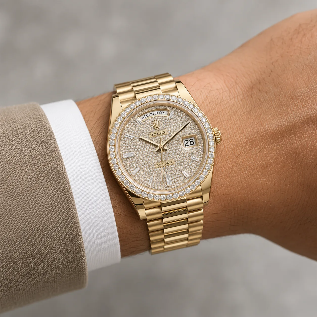 Rolex Day-Date m228398tbr-0036 40mm White Dial Diamond-Set Bezel 18K Yellow Gold AI 头图 4 - 佩戴图 [ai-shot:wrist-shot]
