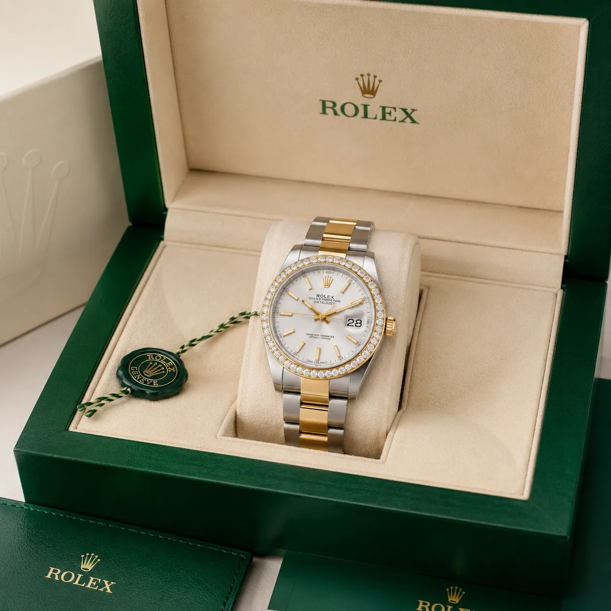 Rolex Datejust m126333-0015 41mm Silver Dial Diamond-Set Bezel 904L Stainless Steel and 18K Yellow Gold AI 头图 5 - 包装盒 [ai-shot:box-shot]