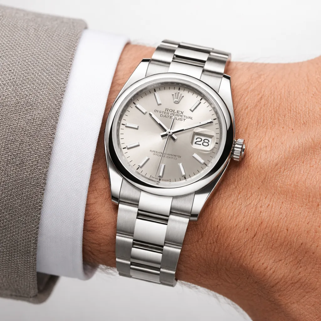Rolex Datejust 126200-0002 36mm Silver Dial Smooth Bezel AI 头图 4 - 佩戴图 [ai-shot:wrist-shot]