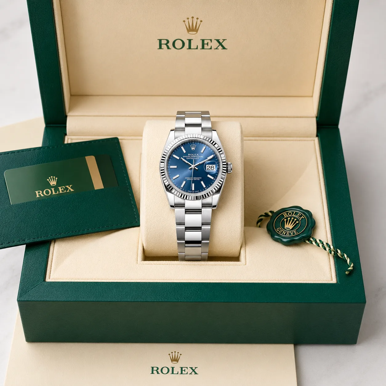 Rolex Datejust 126234-0018 36mm Blue Dial Fluted Bezel 904L Stainless Steel and 18K White Gold AI 头图 5 - 包装盒 [ai-shot:box-shot]