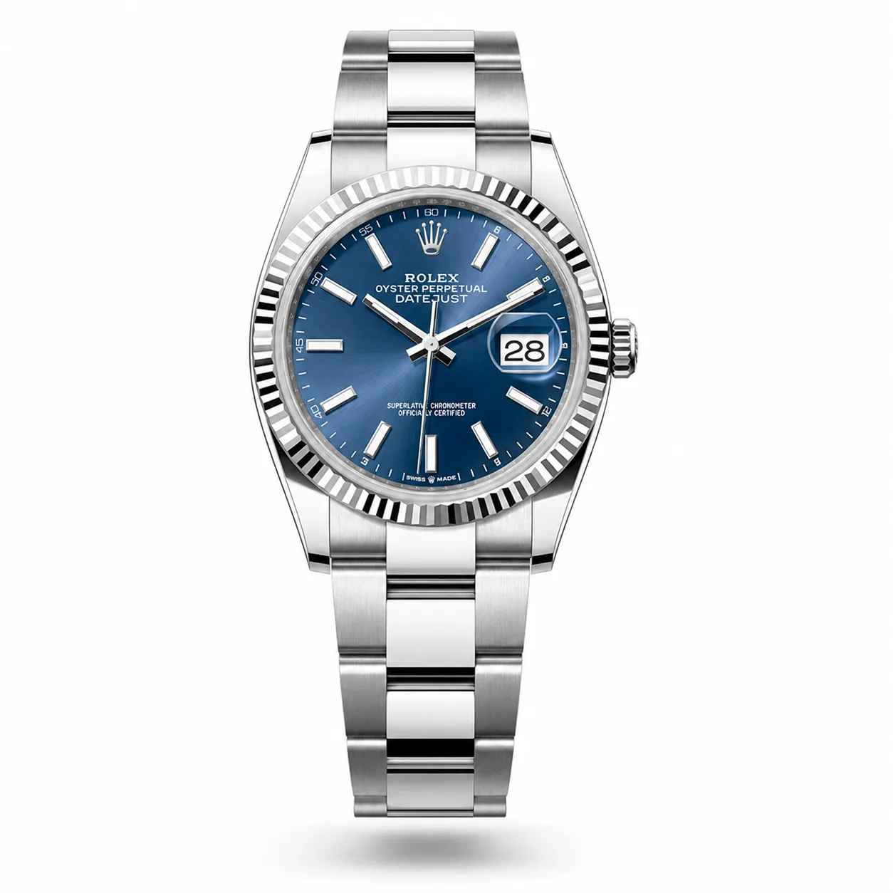 Rolex Datejust 126234-0018 36mm Blue Dial Fluted Bezel 904L Stainless Steel and 18K White Gold AI 头图 1 - 白底全貌 [ai-shot:full-white]