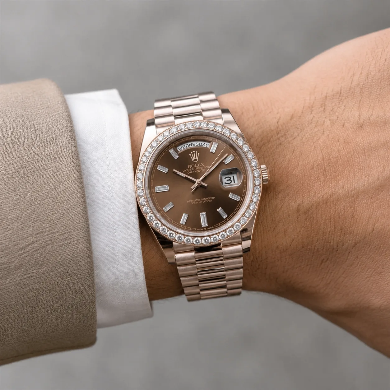 Rolex Day-Date M228345RBR-0006 Cal.3255 Chocolate Dial AI 头图 4 - 佩戴图 [ai-shot:wrist-shot]