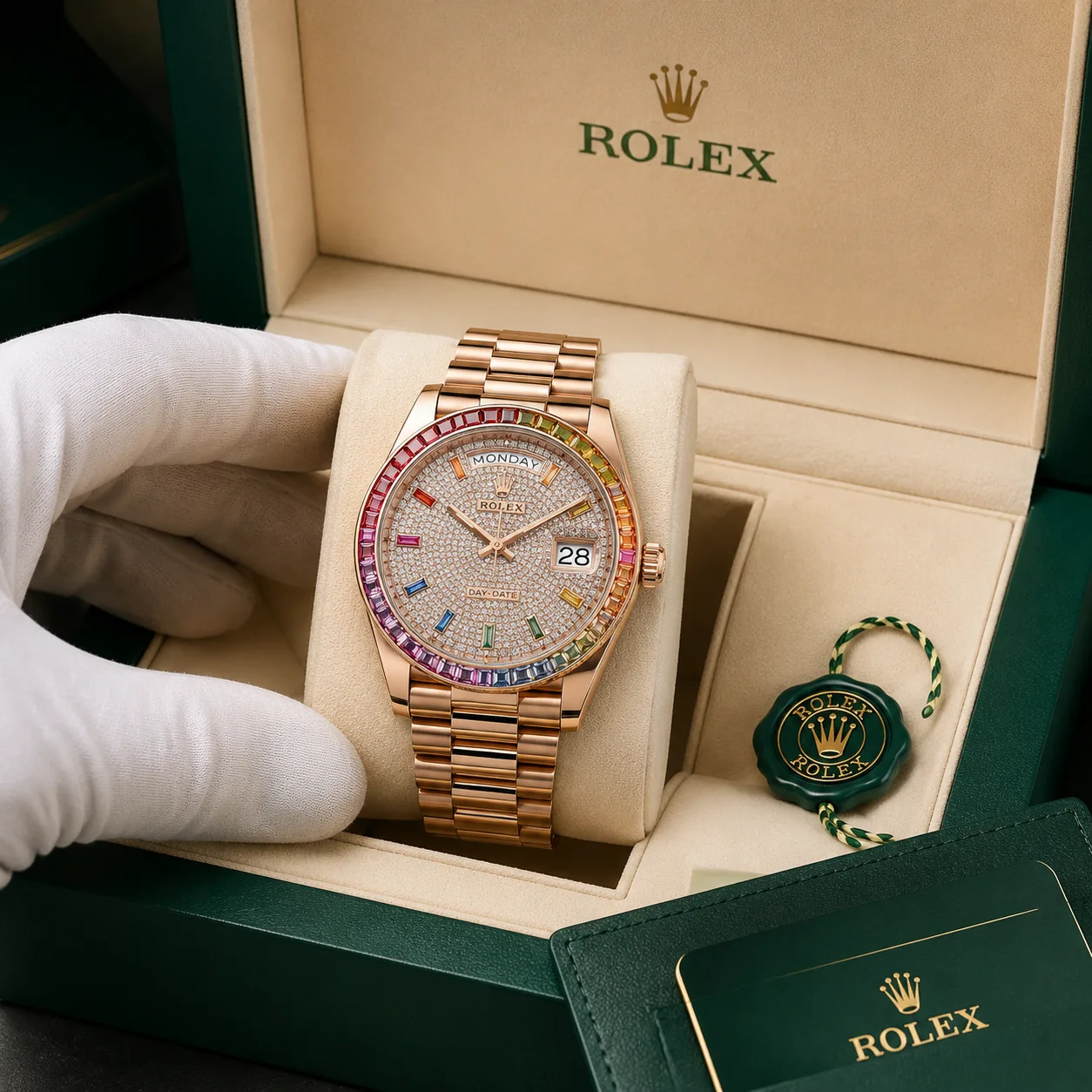 Rolex Day-Date m228345rbr-0002 40mm Rainbow Dial Rainbow Gem-Set Bezel 18K Everose Gold AI 头图 5 - 包装盒 [ai-shot:box-shot]
