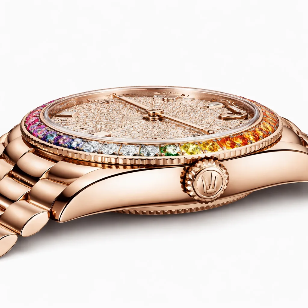 Rolex Day-Date m228345rbr-0002 40mm Rainbow Dial Rainbow Gem-Set Bezel 18K Everose Gold AI 头图 2 - 侧面细节 [ai-shot:side-detail]
