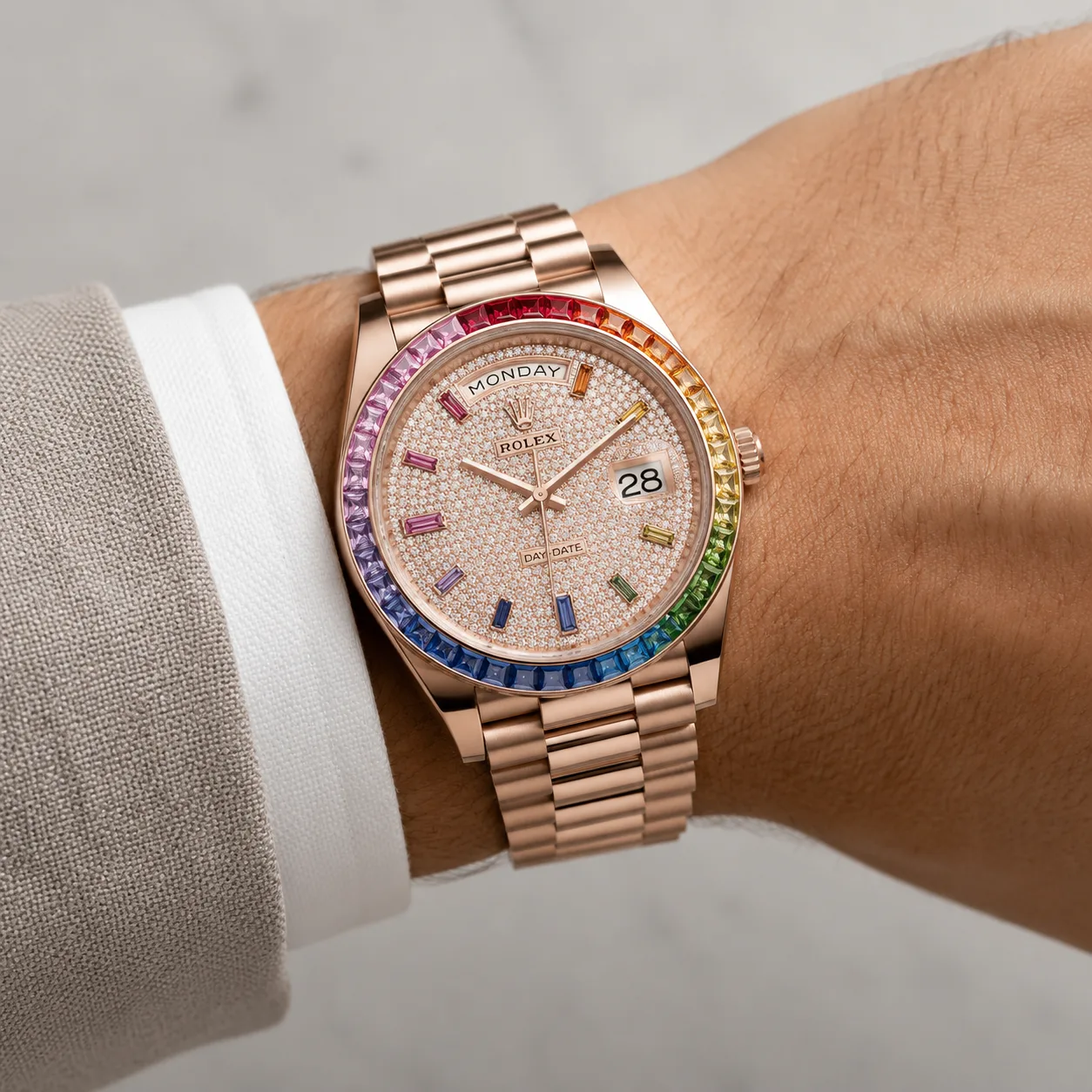 Rolex Day-Date m228345rbr-0002 40mm Rainbow Dial Rainbow Gem-Set Bezel 18K Everose Gold AI 头图 4 - 佩戴图 [ai-shot:wrist-shot]