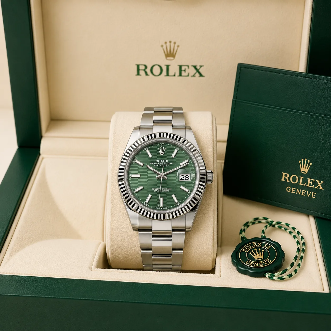 Rolex Datejust m126334-0029 41mm Green Dial Fluted Bezel 904L Stainless Steel and 18K White Gold AI 头图 5 - 包装盒 [ai-shot:box-shot]