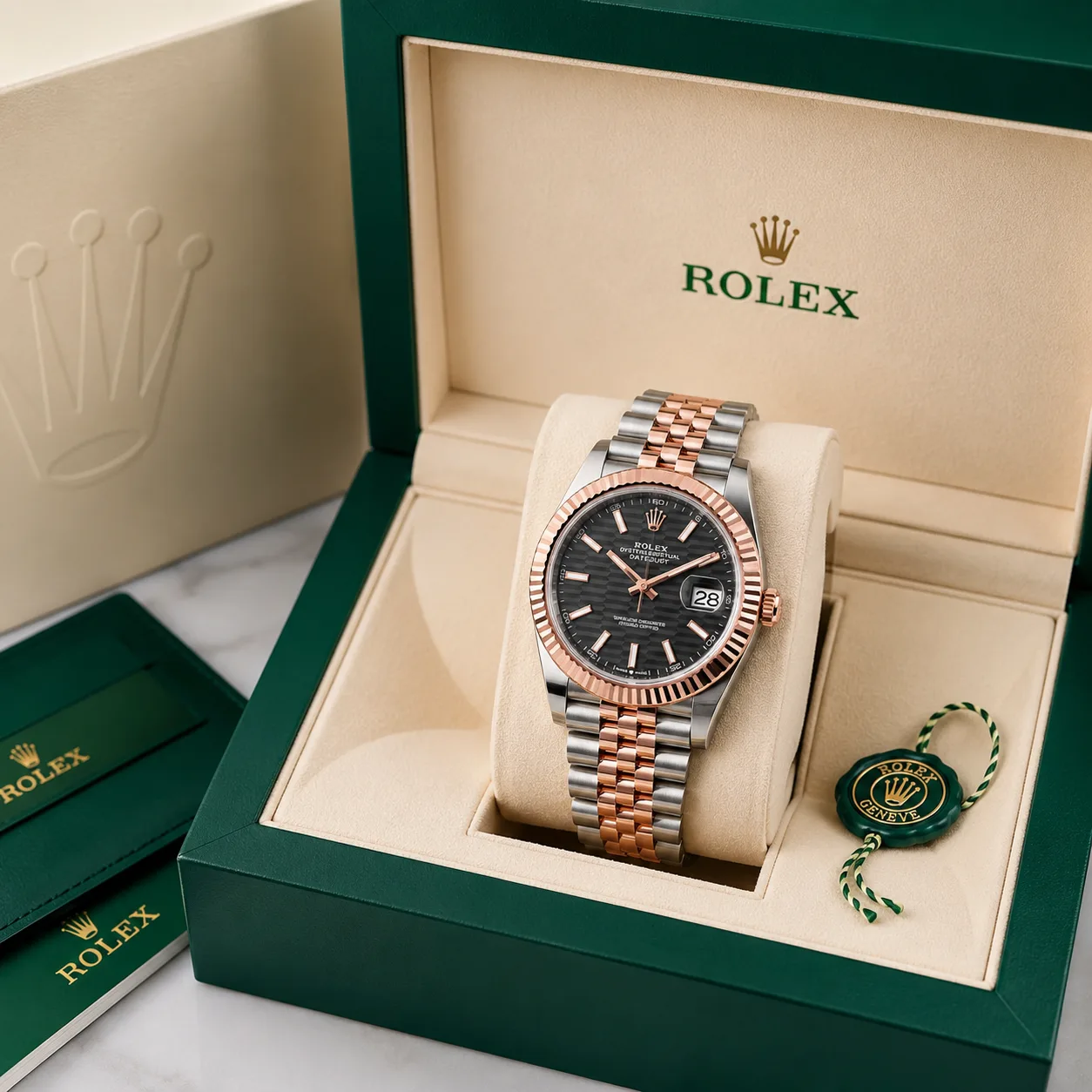 Rolex Datejust m126331-0020 41mm Black Dial Fluted Bezel 904L Stainless Steel and 18K Everose Gold AI 头图 5 - 包装盒 [ai-shot:box-shot]