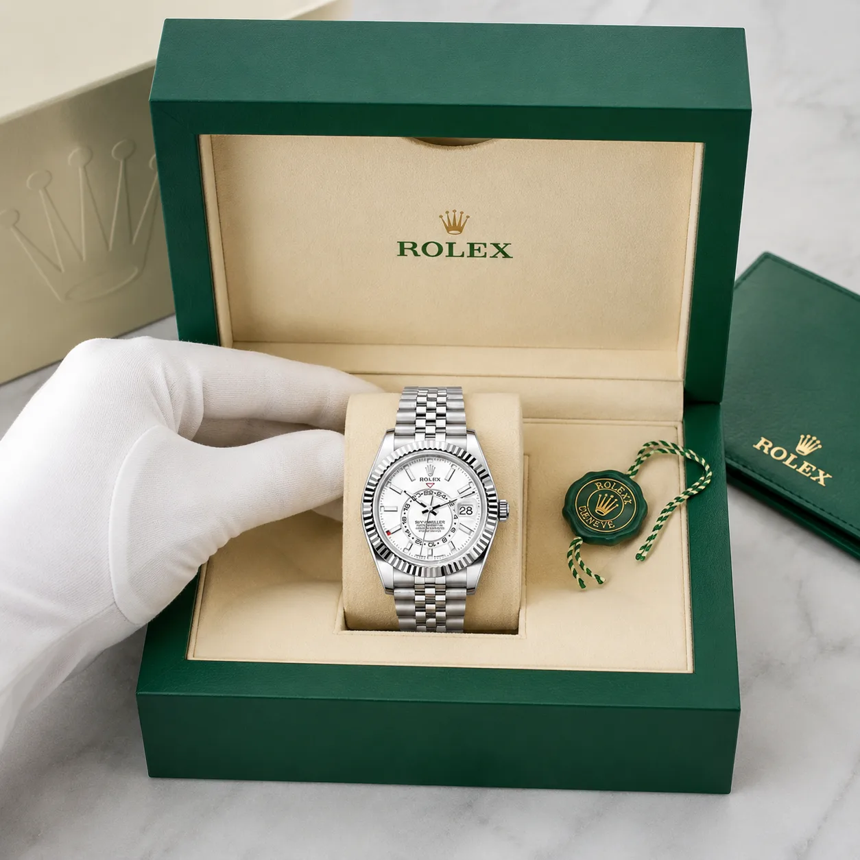 Rolex Sky-Dweller m336934-0004 42mm White Dial Fluted Bezel 904L Stainless Steel and 18K White Gold AI 头图 5 - 包装盒 [ai-shot:box-shot]