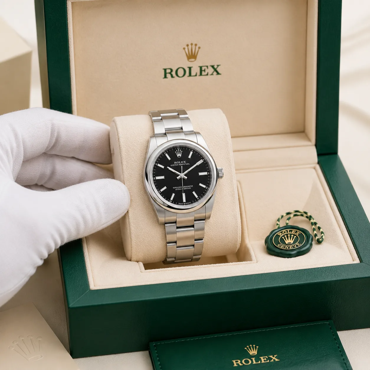 Rolex Oyster-Perpetual m124200-0010 34mm Black Dial Smooth Bezel AI 头图 5 - 包装盒 [ai-shot:box-shot]