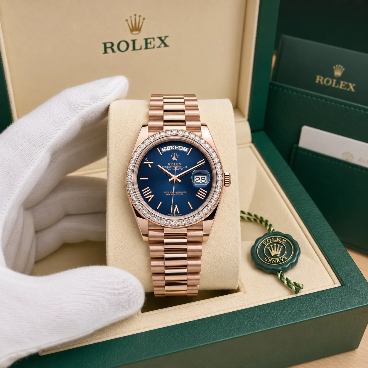 Rolex Day-Date m228345rbr-0025 40mm Blue Dial Diamond-Set Bezel 18K Everose Gold AI 头图 5 - 包装盒 [ai-shot:box-shot]