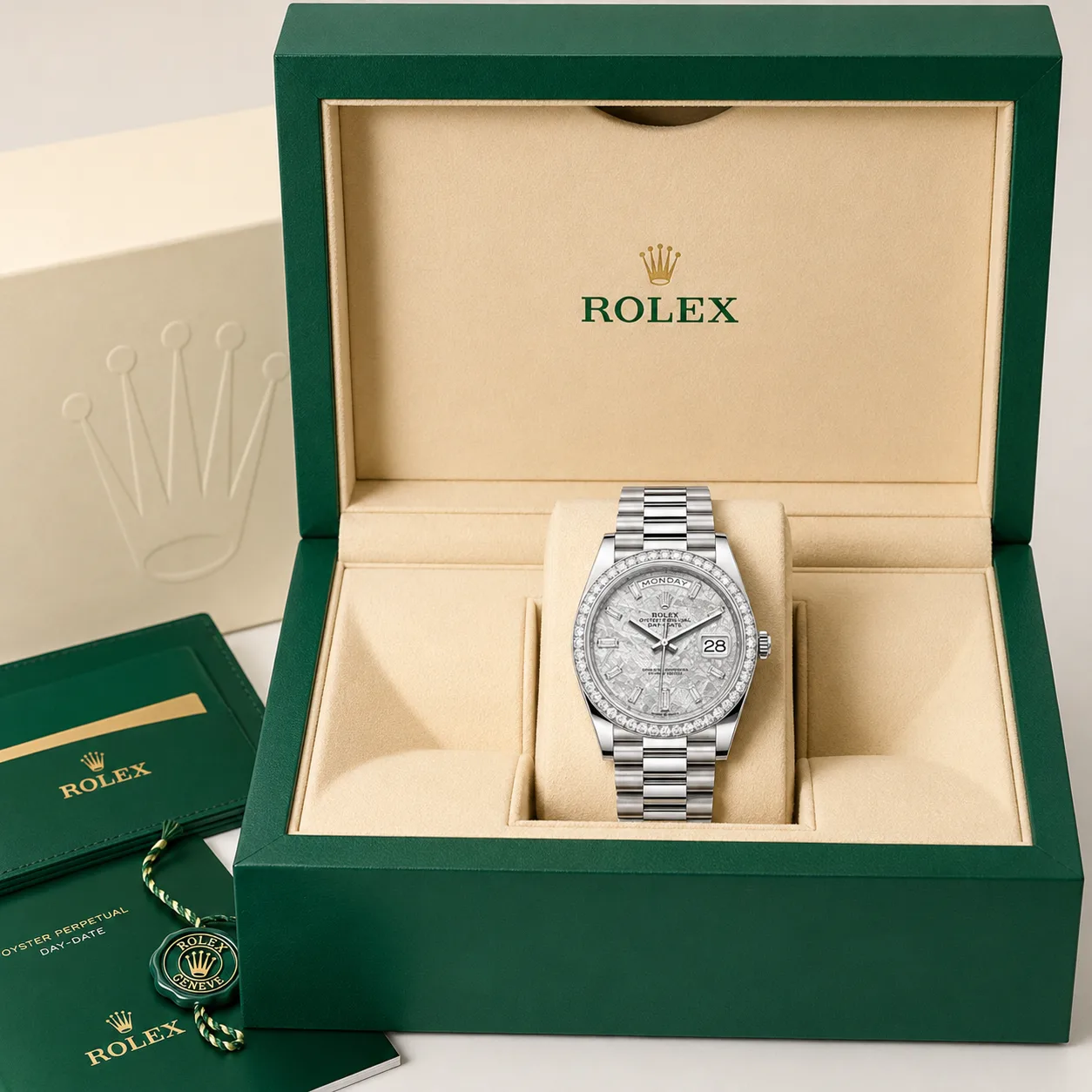 Rolex Day-Date m228349rbr-0040 40mm White Dial Diamond-Set Bezel 18K White Gold AI 头图 5 - 包装盒 [ai-shot:box-shot]