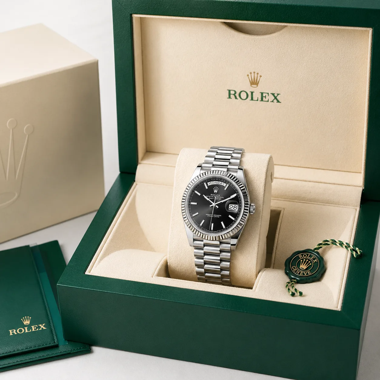 Rolex Day-Date m228236-0003 40mm Black Dial Fluted Bezel 950 Platinum AI 头图 5 - 包装盒 [ai-shot:box-shot]