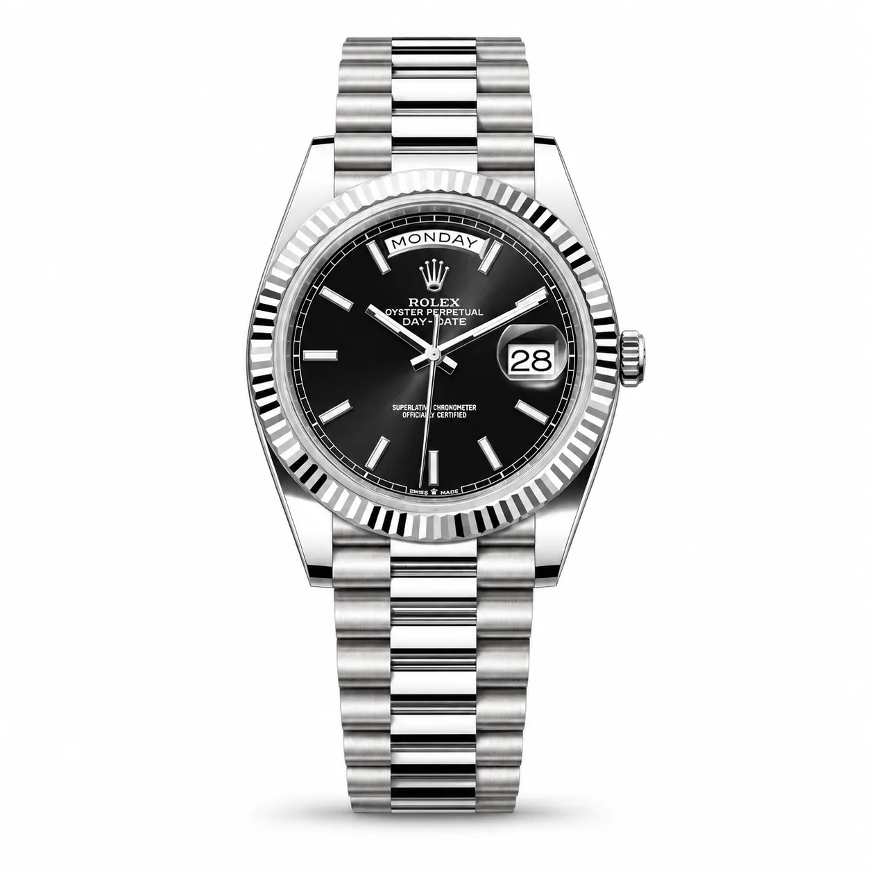 Rolex Day-Date m228236-0003 40mm Black Dial Fluted Bezel 950 Platinum AI 头图 1 - 白底全貌 [ai-shot:full-white]