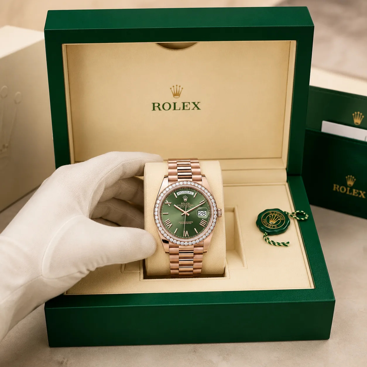 Rolex Day-Date m228345rbr-0011 40mm Green Dial Diamond-Set Bezel 18K Everose Gold AI 头图 5 - 包装盒 [ai-shot:box-shot]