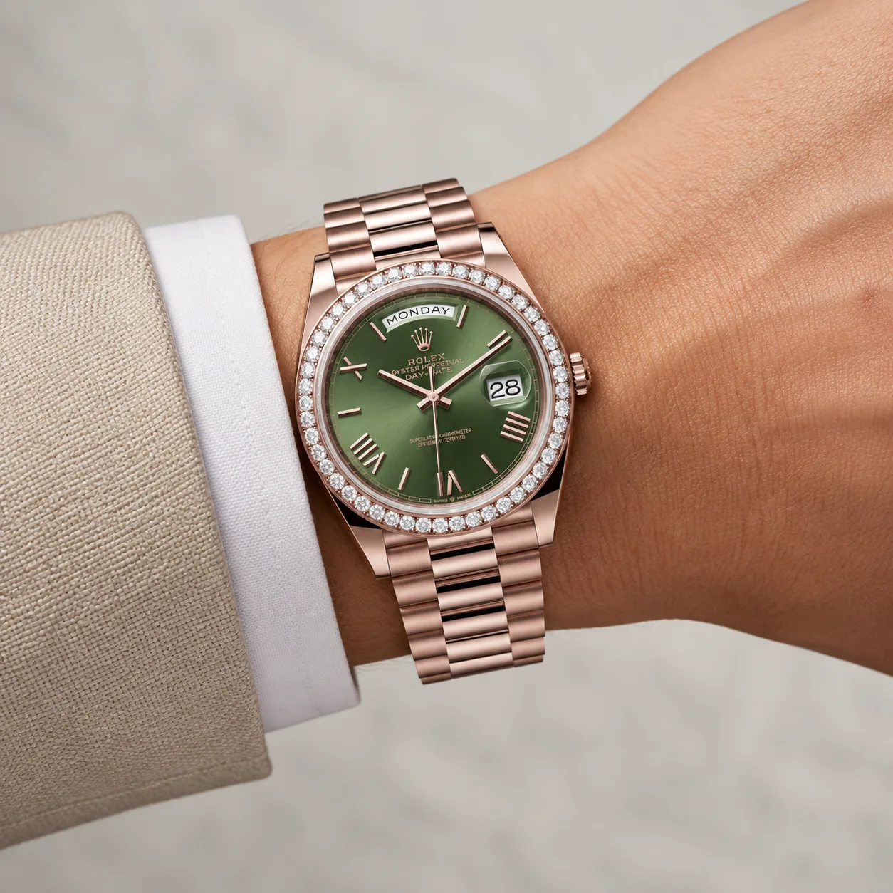 Rolex Day-Date m228345rbr-0011 40mm Green Dial Diamond-Set Bezel 18K Everose Gold AI 头图 4 - 佩戴图 [ai-shot:wrist-shot]