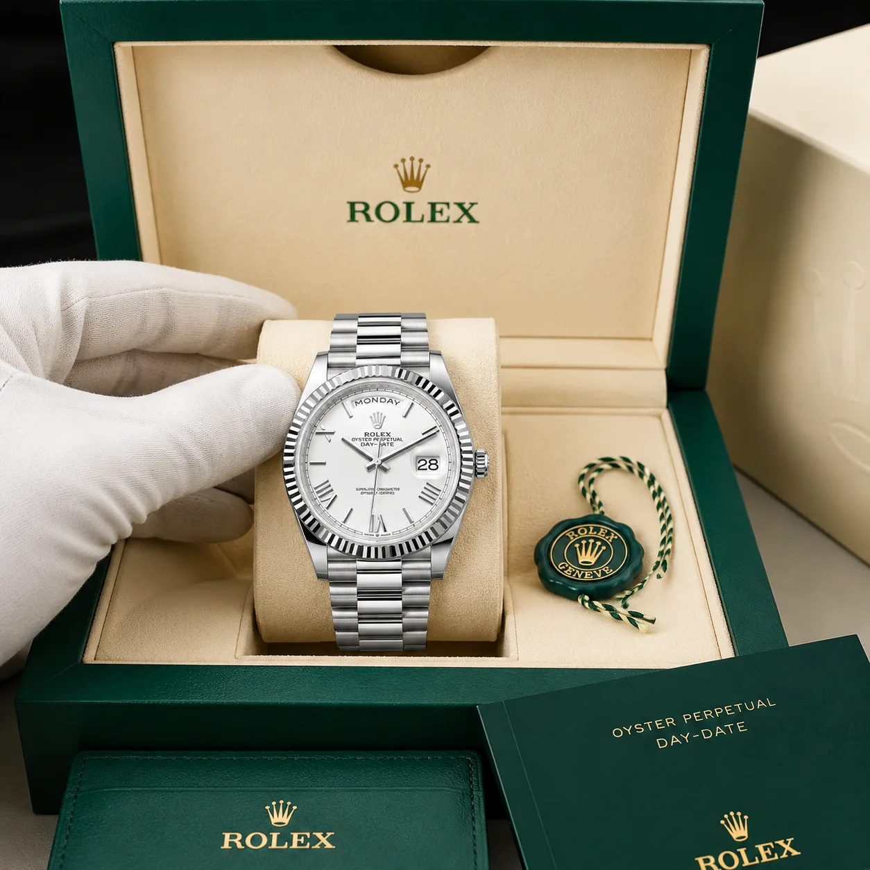 Rolex Day-Date m228236-0010 40mm Silver Dial Fluted Bezel 950 Platinum AI 头图 5 - 包装盒 [ai-shot:box-shot]