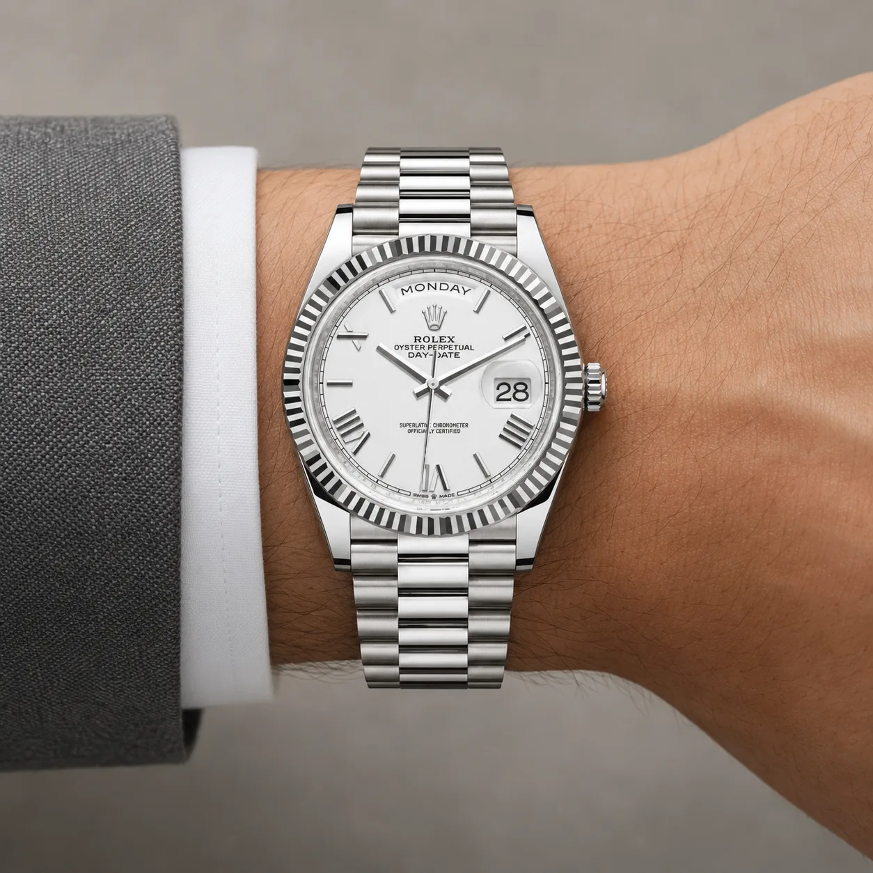 Rolex Day-Date m228236-0010 40mm Silver Dial Fluted Bezel 950 Platinum AI 头图 4 - 佩戴图 [ai-shot:wrist-shot]