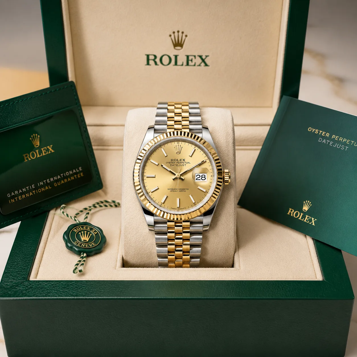Rolex Datejust m126203-0019 36mm Champagne Dial Fluted Bezel 904L Stainless Steel and 18K Yellow Gold AI 头图 5 - 包装盒 [ai-shot:box-shot]