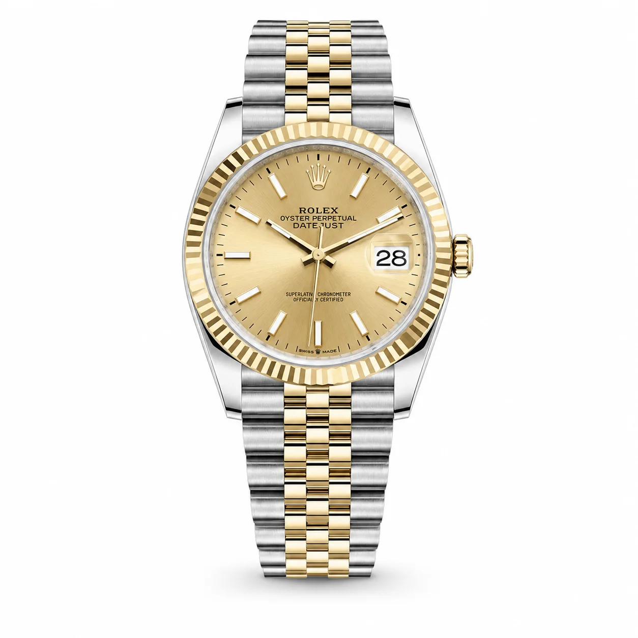 Rolex Datejust m126203-0019 36mm Champagne Dial Fluted Bezel 904L Stainless Steel and 18K Yellow Gold AI 头图 1 - 白底全貌 [ai-shot:full-white]