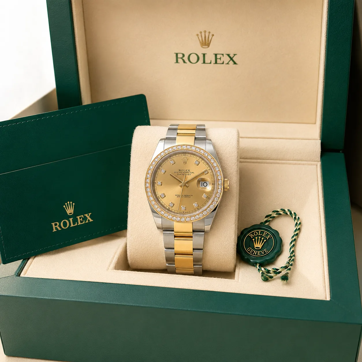 Rolex Datejust m126303-0011 41mm Champagne Dial Diamond-Set Bezel 904L Stainless Steel and 18K Yellow Gold AI 头图 5 - 包装盒 [ai-shot:box-shot]