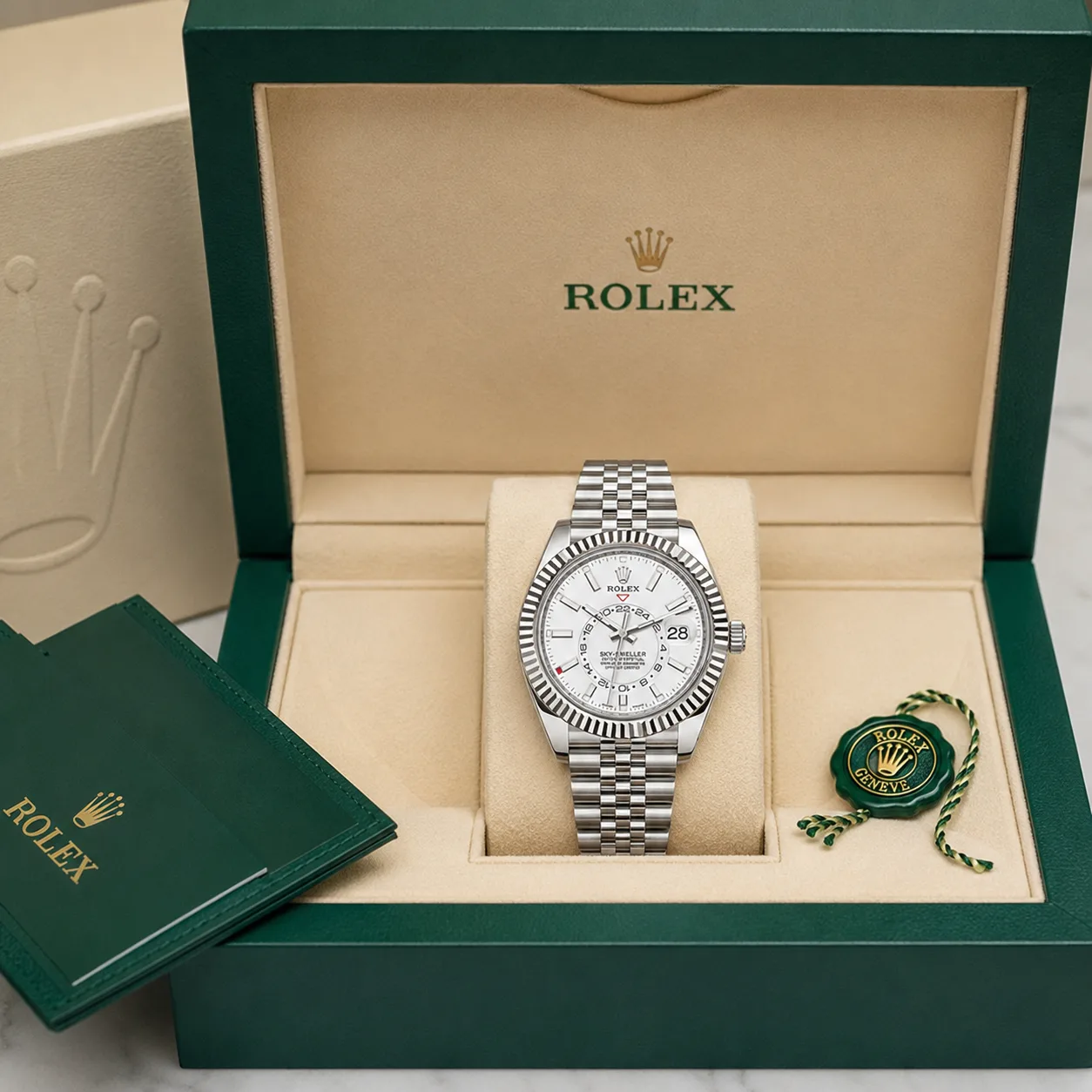 Rolex Sky-Dweller m326934-0002 42mm White Dial Fluted Bezel 904L Stainless Steel and 18K White Gold AI 头图 5 - 包装盒 [ai-shot:box-shot]
