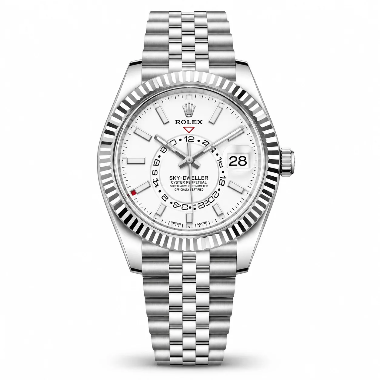 Rolex Sky-Dweller m326934-0002 42mm White Dial Fluted Bezel 904L Stainless Steel and 18K White Gold AI 头图 1 - 白底全貌 [ai-shot:full-white]